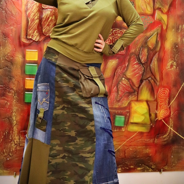 Mix Fabrics Denim Skirt, Military Jean Skirt with Patches TS44