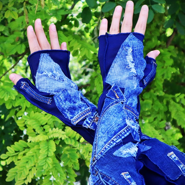 Denim Fingerless Gloves with Pathces, Long Jean Arm Warmers, Cotton Fingerless Gloves