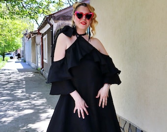 Long Linen Dress with Ruffles, Black Summer Maxi Dress TDK425