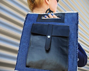 Leather and Denim Bag, Laptop  Bag TLB46, Bag with Pocket, Leather Tote Zipper, Denim Tote, Womens Bags, Handbag, Handmade Tote Bag