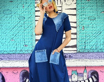 Casual Women Jumpsuit Summer Beach Jumper with Denim Patchwork Drop Crotch Jumpsuit Ladies Street Wear Jumpsuit Dress with Pockets TJ48