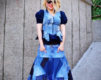 Casual Denim Skirt Jean Skirt with Patches Women Long Skirt TS41