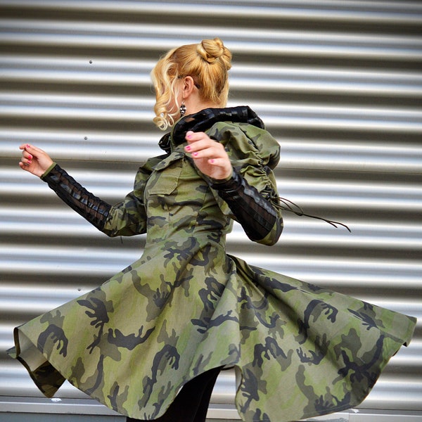 Veste de camouflage pour femmes Manteau Camo Midi avec capuche Militaire Armée Green Coat Windbreaker Coton Manteau Authentique Veste chemise militaire TC150