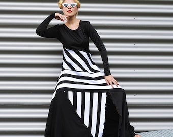 Black Maxi Dress, Fit and Flare Long Dress with Stripes Black and White Swing Frock Evening Party Cotton Dress Elegant Clothes Tdk317