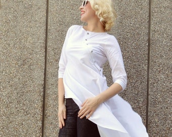 White Summer Top, Cotton White Dress Top, White Asymmetrical Blouse TT72 von TEYXO