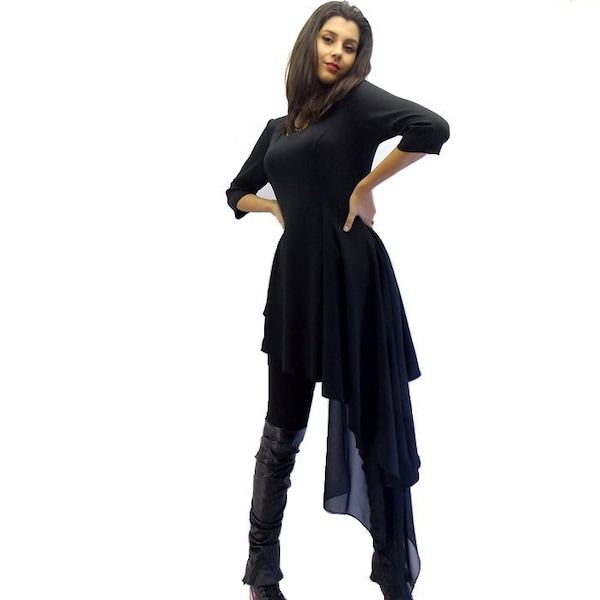 Black Asymmetrical Dress TT03,  Black Dress Tunic, Little Black Dress, Black Top