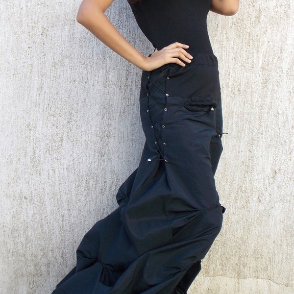 Maxi longueur de plancher jupe pour femme steampunk jupe longue avec poches taille haute A-ligne jupe réglable côté cordes jupe avec plis TS01