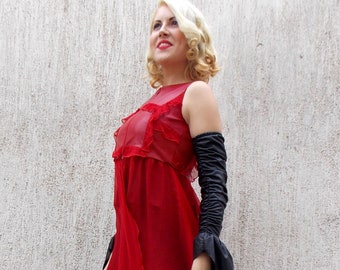 Natural Leather and Silk Vest TT34, Red Asymmetrical Silk Vest