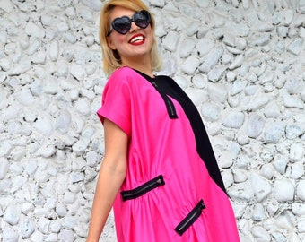 Asymmetrical Color Block Dress, Pink and Black Maxi Dress, Casual Summer Dress, Extravagant Pink and Black Dress TDK250 The FRENCH KISS