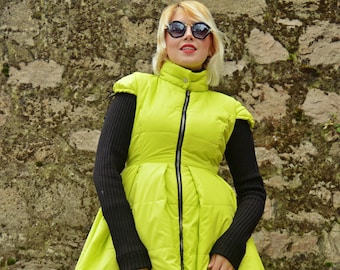 Yellow Padded Jacket with Acrylic Sleeves / Yellow Padded Jacket Dress / Extravagant Yellow Jacket / Padded Winter Jacket TC80