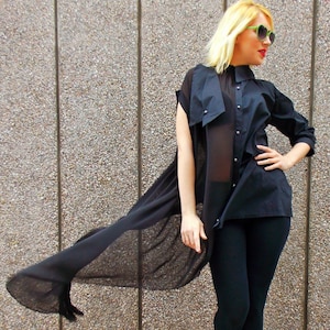 Loose Asymmetrical Shirt, Deconstructed Black Top, Blouse for Women TT45