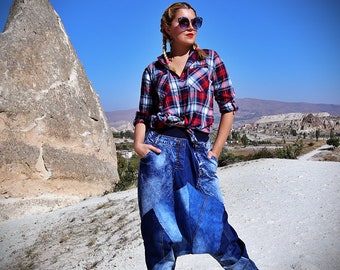 NEW Denim Elastic Waist PantsDenim Harem PantsDrop Crotch PantsCasual Wide Leg PantsDenim Maxi PantsDrawstring Waist PantsJean Pants
