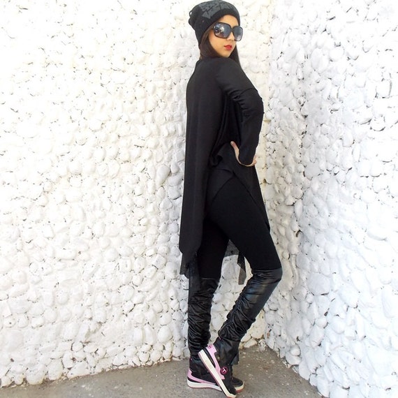 Black Cotton Fleece Sweatshirt TDK217 by TEYXO Funky Loose Hoodie Black Extravagant Hooded Sweatshirt