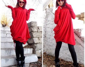 WOMEN'S ON SALE Sweatshirt Dress, Hoodie Dress, Winter Dress, Warm Dress, Red Dress TDK05, Tunic Dress, Long Sleeved Dress