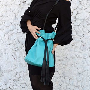 Extravagant Turquoise Leather Bag, Turquoise Leather Purse, Funky Shoulder Bag with Detachable Black Strap TLB26, Carousel Collection image 2