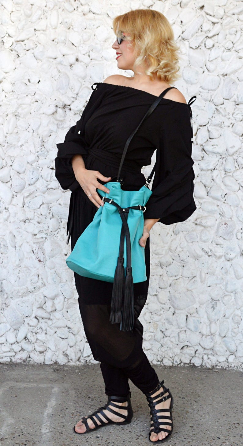 Extravagant Turquoise Leather Bag, Turquoise Leather Purse, Funky Shoulder Bag with Detachable Black Strap TLB26, Carousel Collection image 2