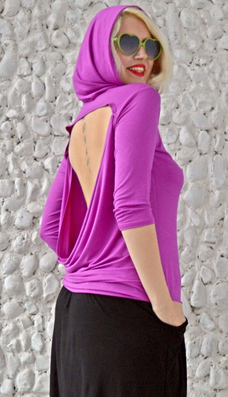 Funky Purple Top / Extravagant Hooded Top / Purple Hoodie / Backless Hooded Top / Purple Backless Blouse TT79 image 1