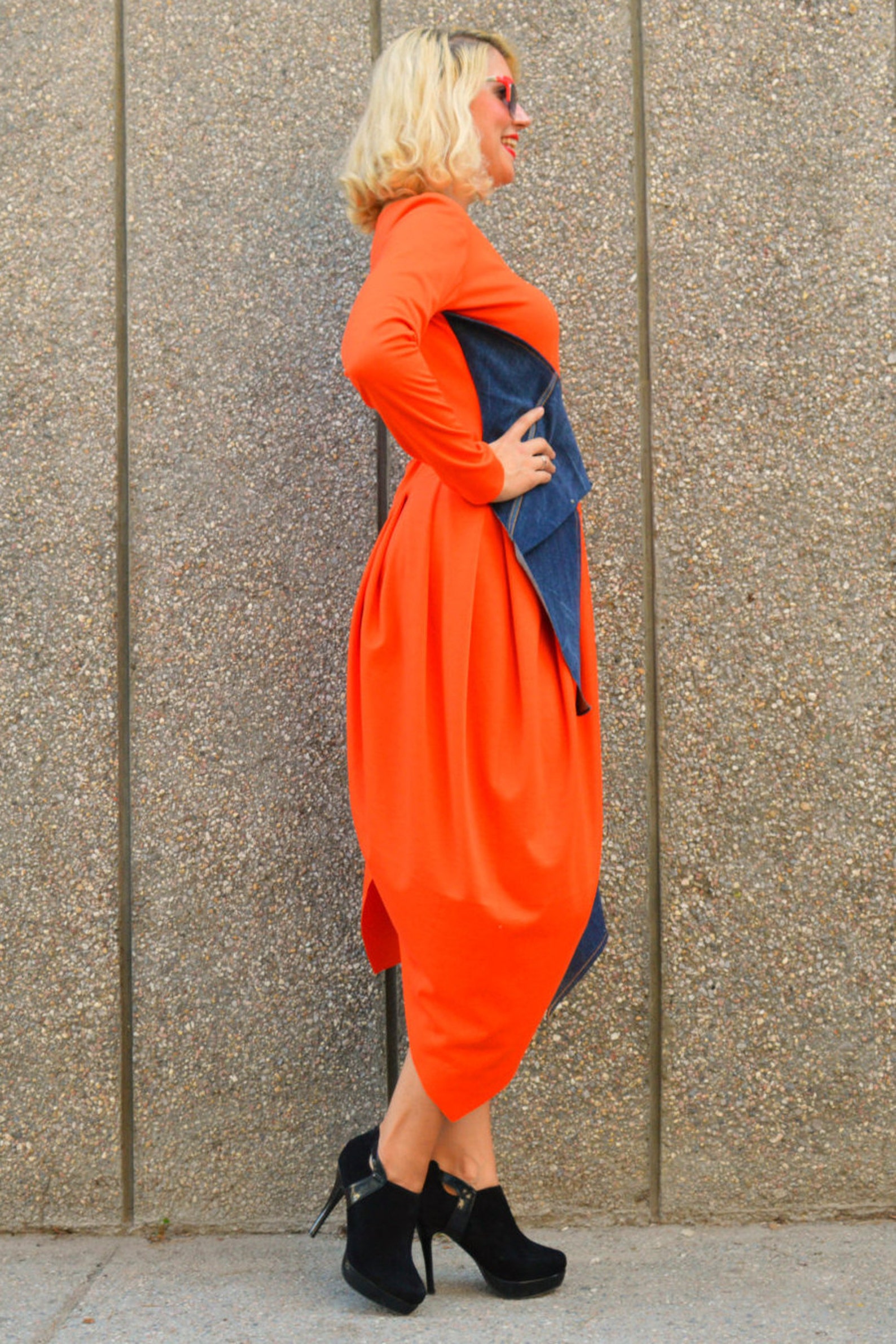 Orange Jersey Dress With Denim Insets / Denim Dress / Orange Etsy
