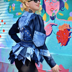 Ripped Casual Denim Jacket with Peplum Puffy Sleeves Jean Jacket Street Casual Harajuku Fashion Coat Hip Hop Patchwork Stretch Coat TC139 image 3