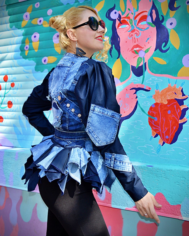 Ripped Casual Denim Jacket with Peplum Puffy Sleeves Jean Jacket Street Casual Harajuku Fashion Coat Hip Hop Patchwork Stretch Coat TC139 image 3