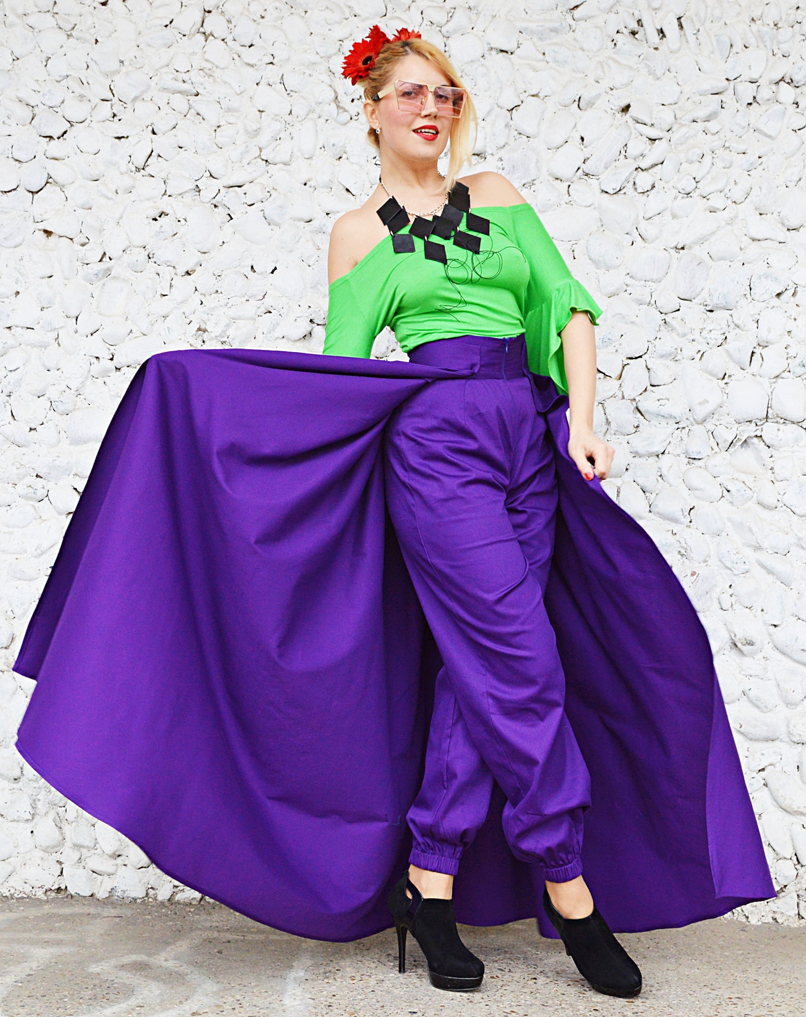 Flared Skirt Pants Purple Pants With Detachable Skirt Cotton Etsy