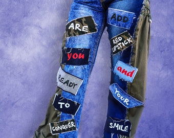 Denim Pants  for Women, Patchwork Jean Pants, Hipster Jean Pants with Prints  TP49