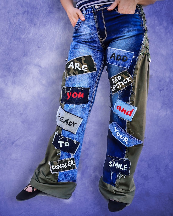 Pantalones de mezclilla para mujer, jeans con agujeros e  estampados, jeans delgados para mujer, Azul / Patchwork, S : Ropa, Zapatos  y Joyería