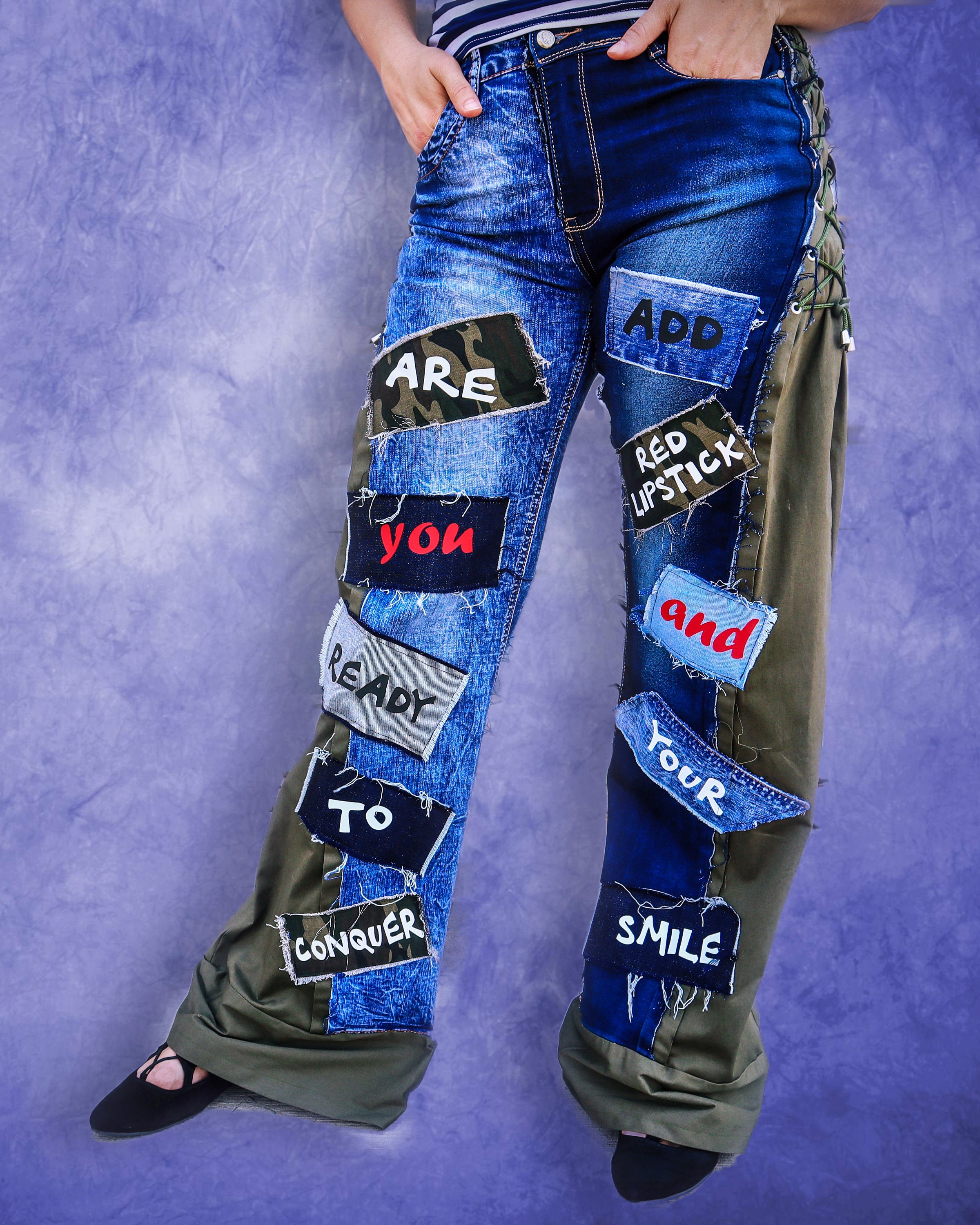 Denim Pants for Women, Patchwork Jean Pants, Hipster Jean Pants With Prints  TP49 