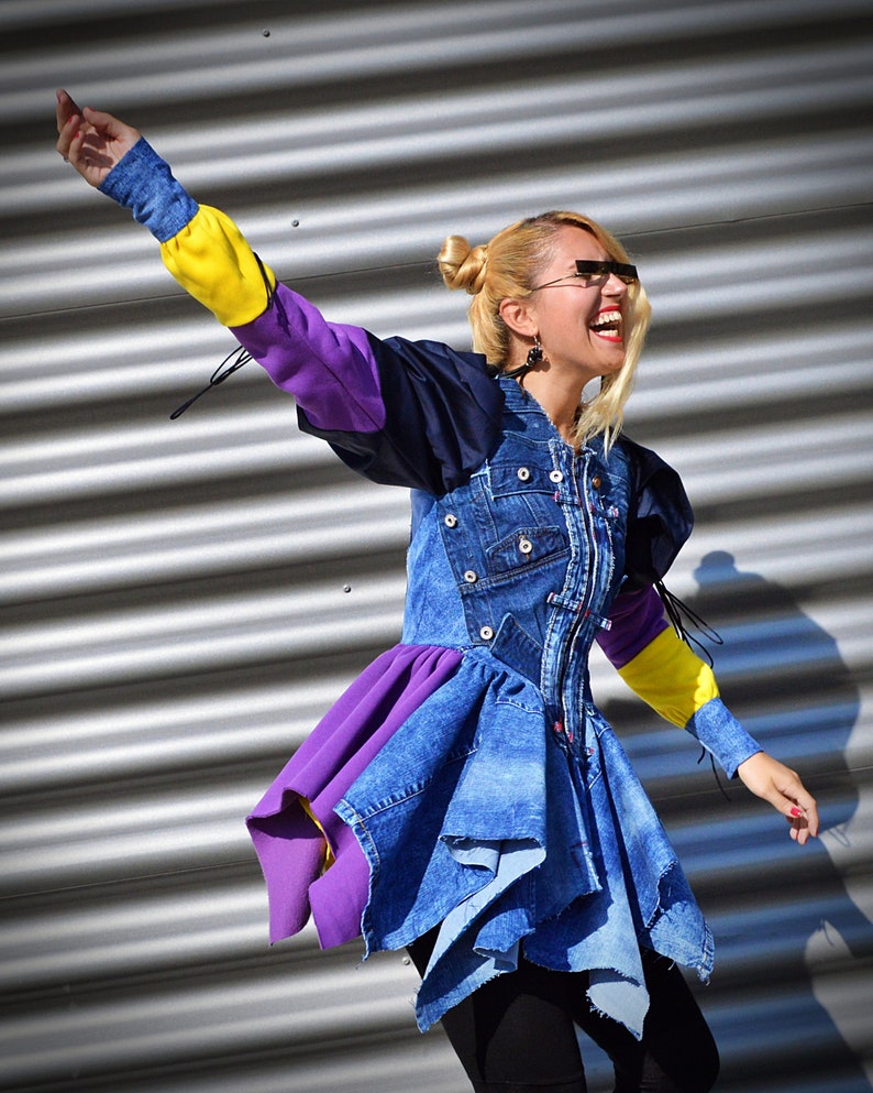 Hipster Denim Jacket for Women Boho Colorblock Jean Coat Grunge Rocker Jacket Boho Festival Denim Jacket for Women Goth Denim Coat TC142