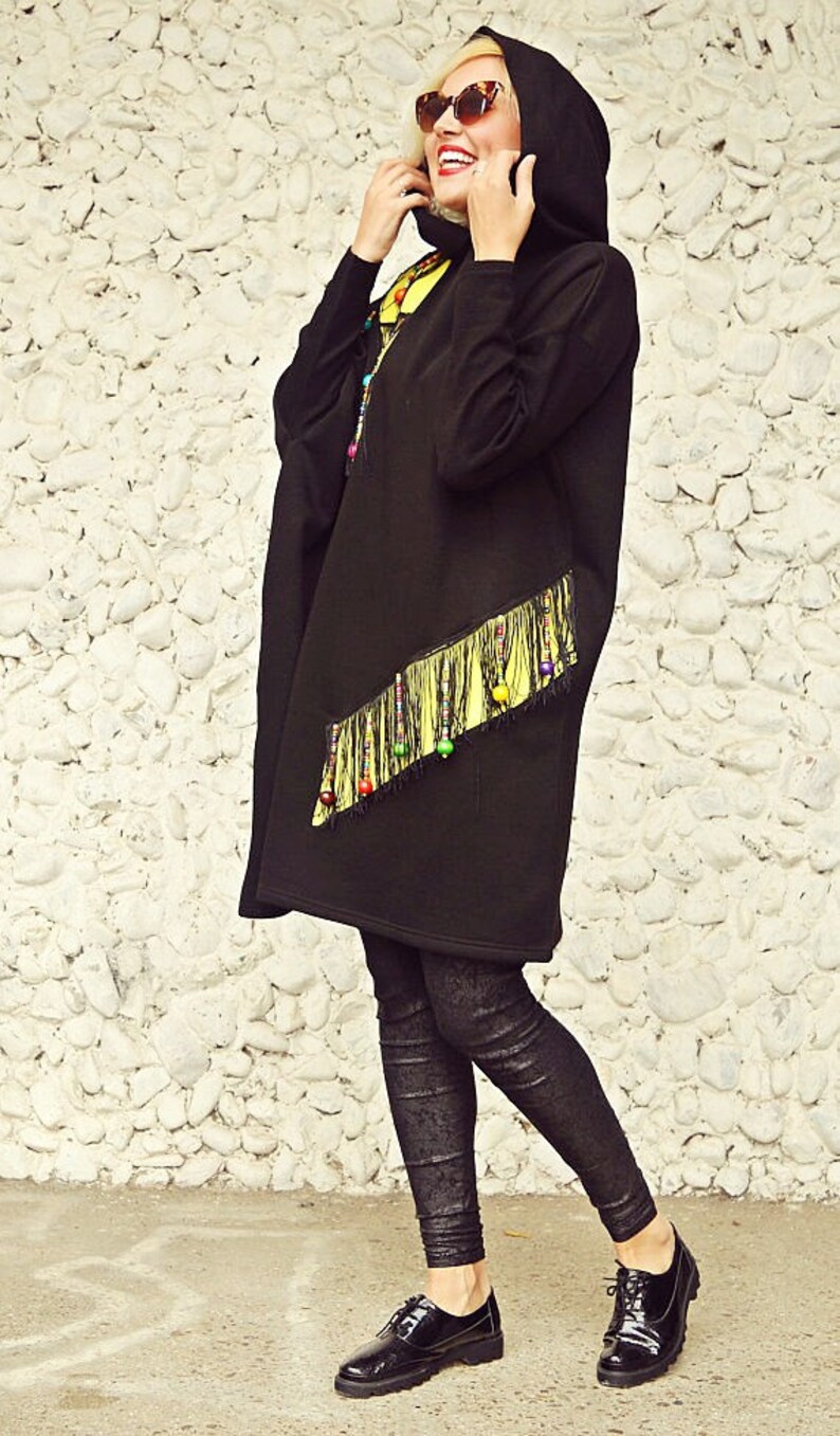 Black Cotton Fleece Sweatshirt TDK217 by TEYXO Funky Loose Hoodie Black Extravagant Hooded Sweatshirt