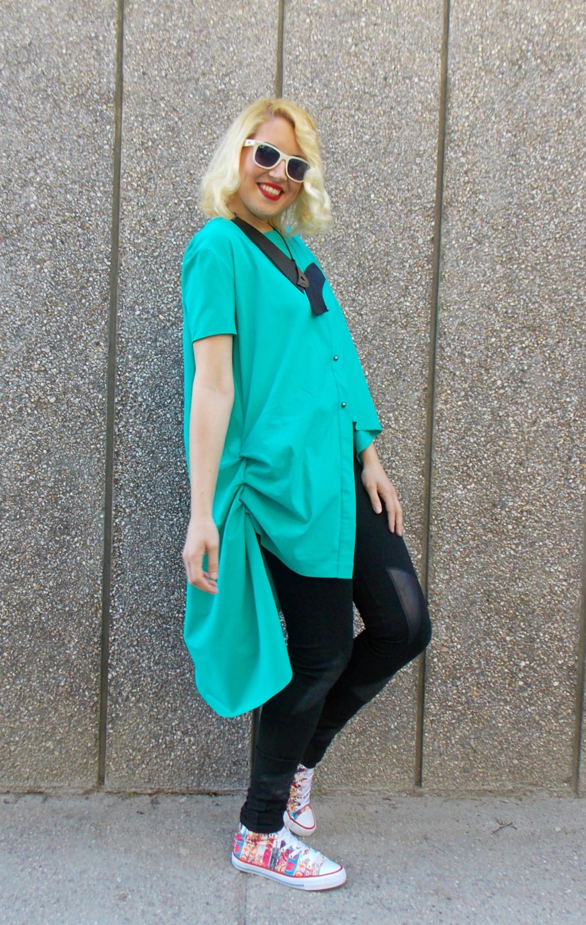 Turquoise Cotton Blouse / Turquoise Summer Shirt / Loose | Etsy
