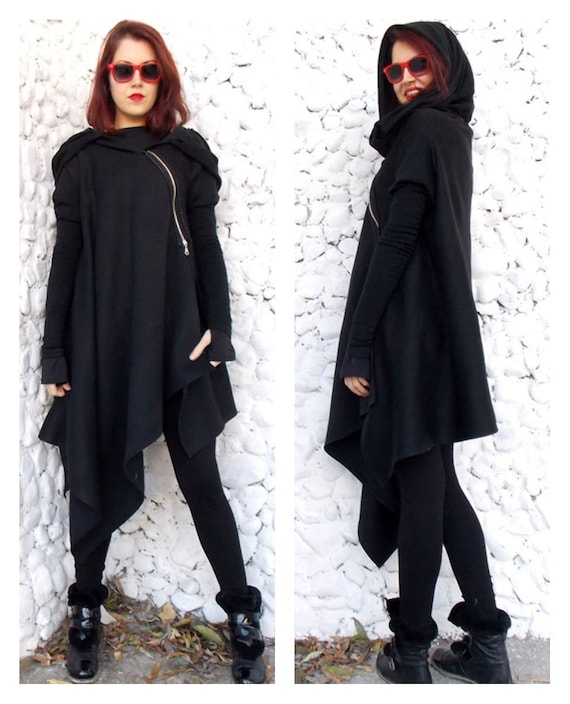 Black Coat Loose Black Hooded Jacket Black Hoodie TC03 by | Etsy