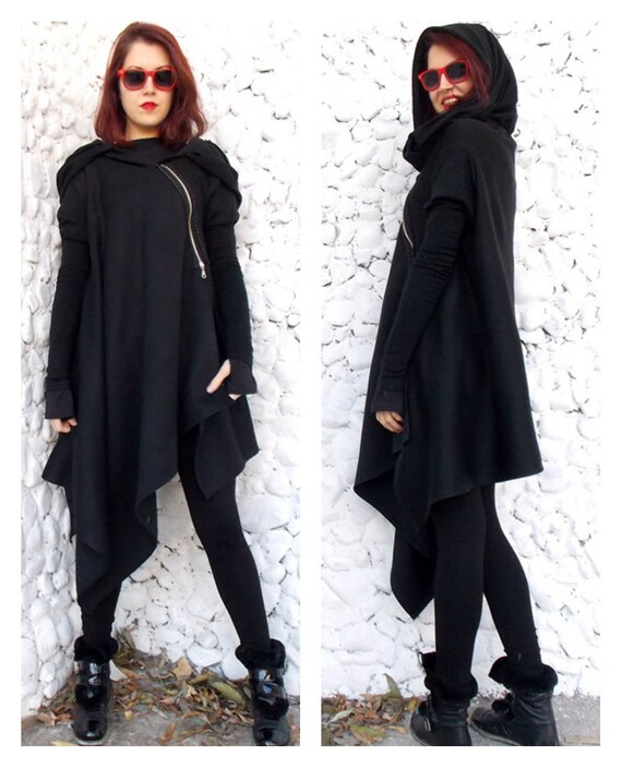 Black Coat Loose Black Hooded Jacket Black Hoodie TC03 by | Etsy