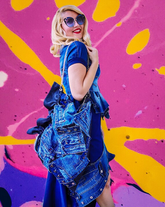 Denim Bag With Patches Distressed Denim 