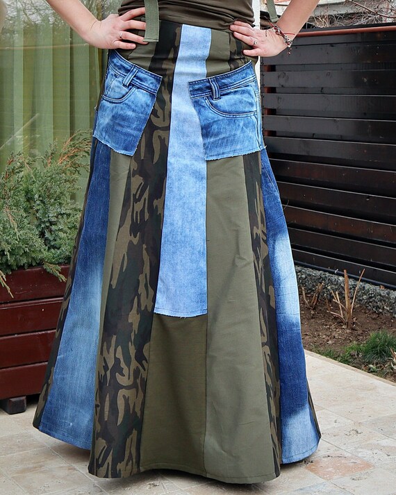 Long Camo Skirt With Denim Patches Mix Fabrics Skirt in A line TS49 Etsy