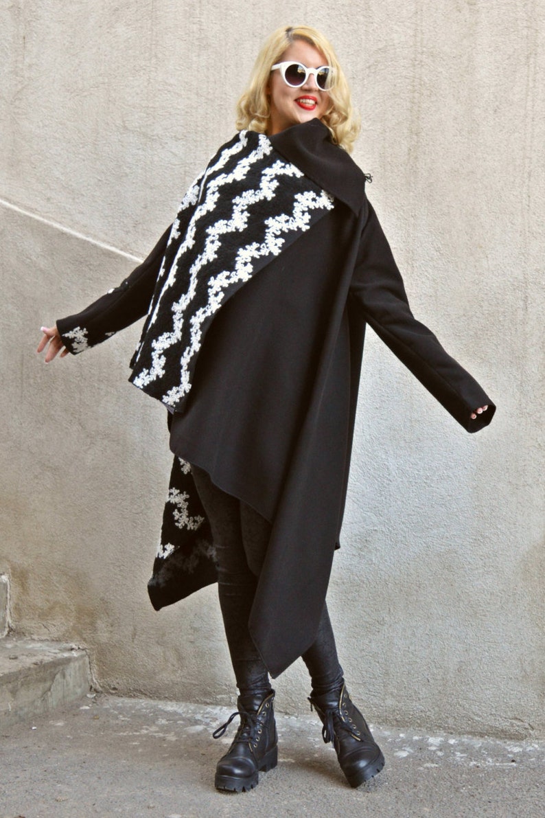 Black and White Cashmere Coat Embroidered Wool Coat Black Etsy