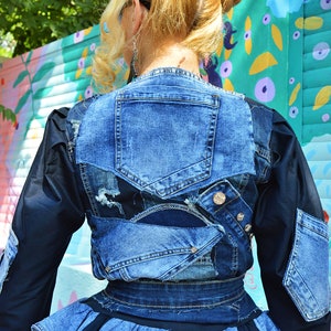 Ripped Casual Denim Jacket with Peplum Puffy Sleeves Jean Jacket Street Casual Harajuku Fashion Coat Hip Hop Patchwork Stretch Coat TC139 image 6