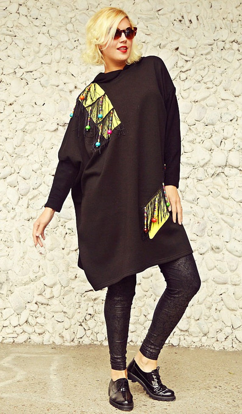 Black Cotton Fleece Sweatshirt TDK217 by TEYXO Funky Loose Hoodie Black Extravagant Hooded Sweatshirt