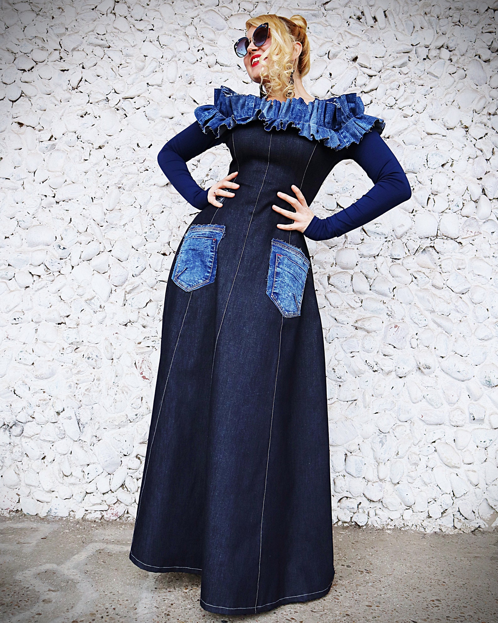 Denim Dress for Women Patchwork Jean Maxi Dress With Ruffles - Etsy