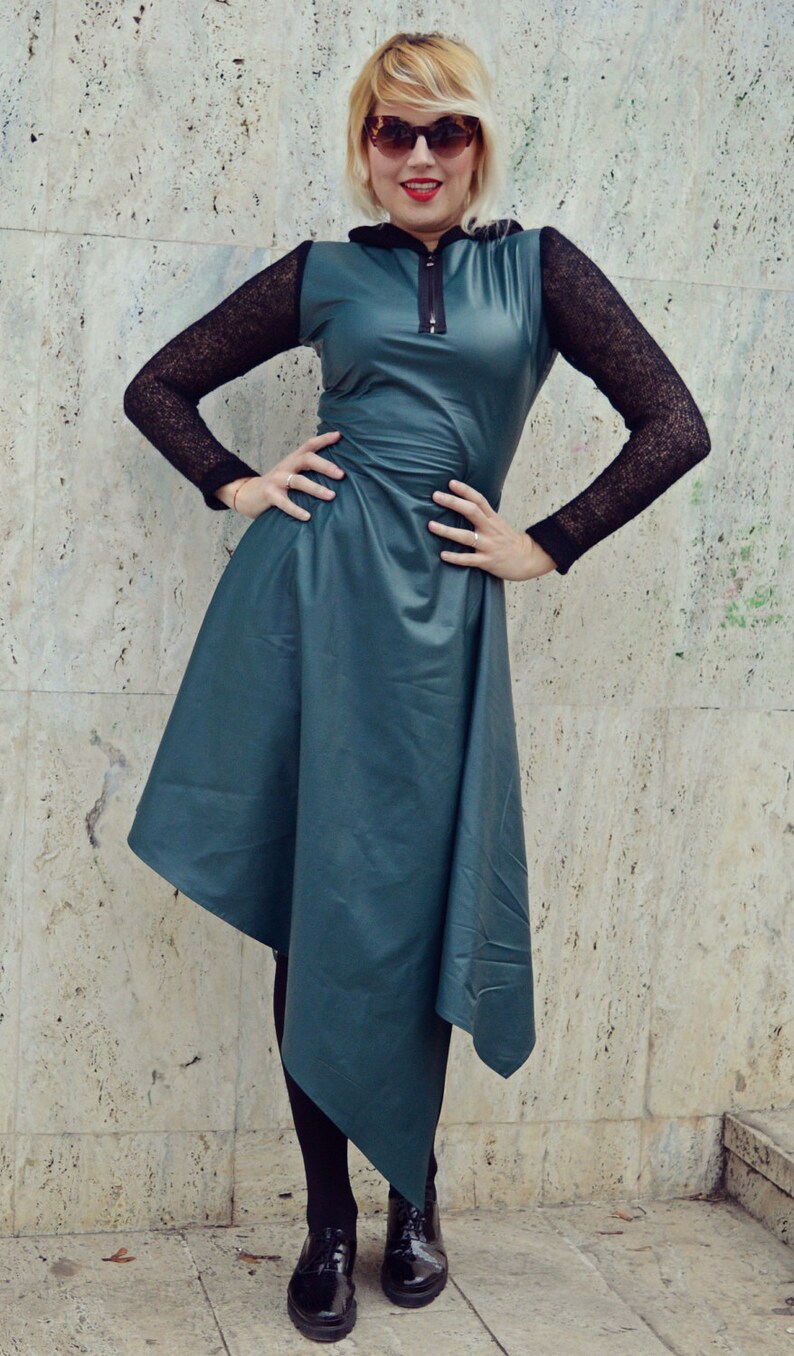 Forest Green Leather Dress Extravagant Forest Green Dress Asymmetrical Leather Dress Wool Hooded Dress TDK223 JAZZ UP!