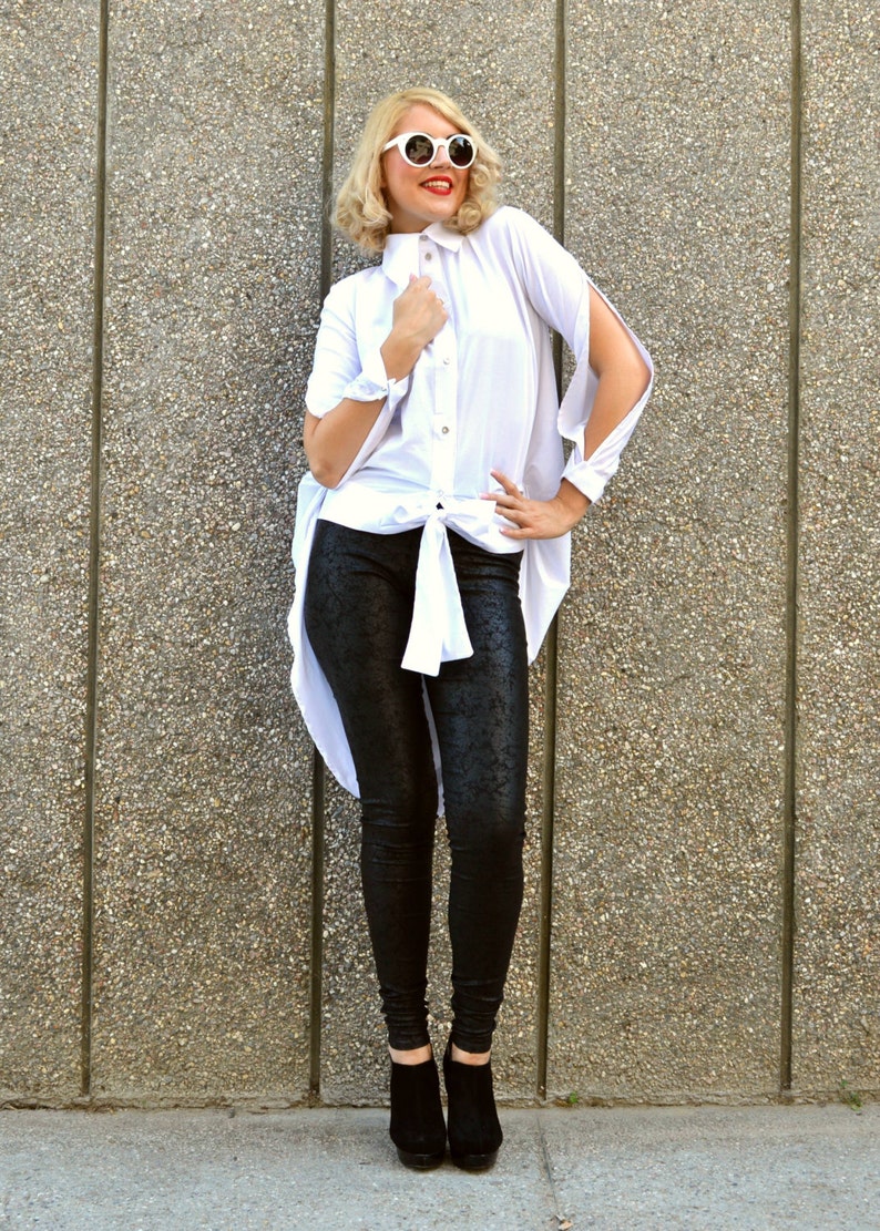 White Cotton Top with Cropped Sleeves Casual Work Women Shirt Beach Party Button Blouse Long Tail Office Top Loose Fit Collar Shirt TT62