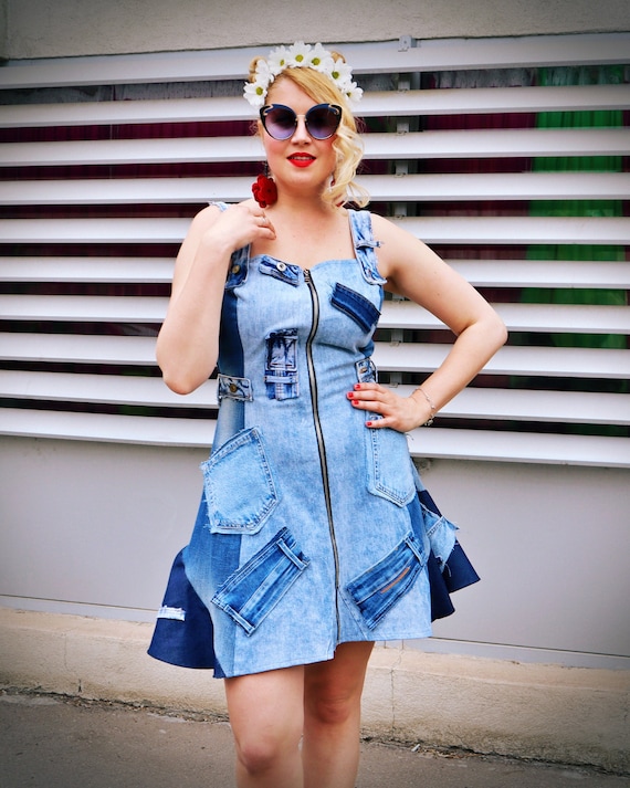 Patchwork Denim Dress, Summer A Line Jean Dress, Hipster Patchwork Denim Dress, Summer A Line Jean Dress, Hipster