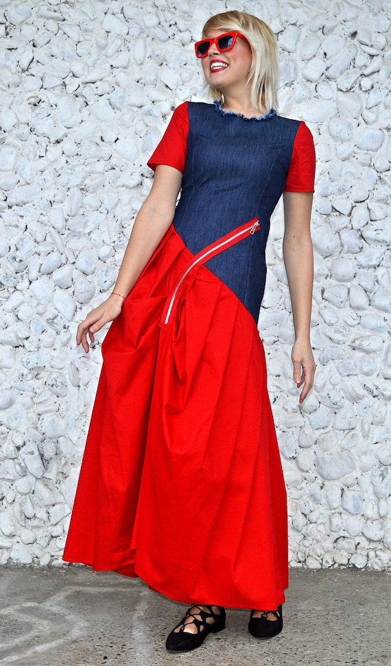 Extravagant Red Denim Dress / Daring Red Dress / Denim Cotton | Etsy