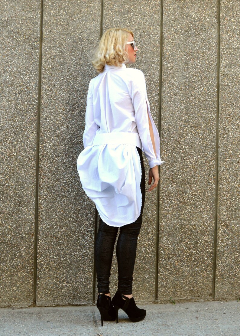 White Cotton Top with Cropped Sleeves Casual Work Women Shirt Beach Party Button Blouse Long Tail Office Top Loose Fit Collar Shirt TT62
