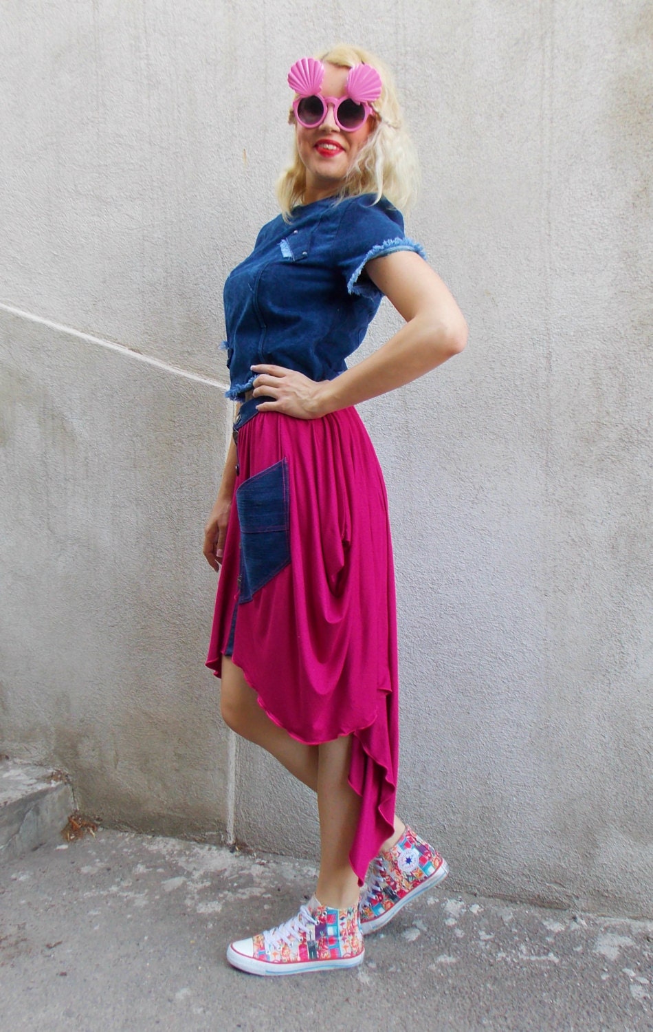 Fuchsia Denim Skirt / Fuchsia Skirt With Denim Pockets / | Etsy