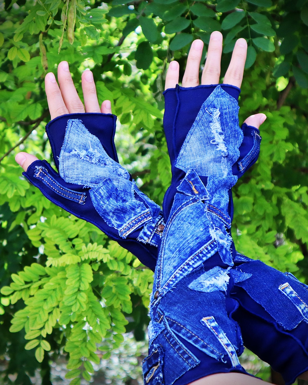 Denim Fingerless Gloves With Pathces, Long Jean Arm Warmers, Cotton Fingerless  Gloves -  Canada