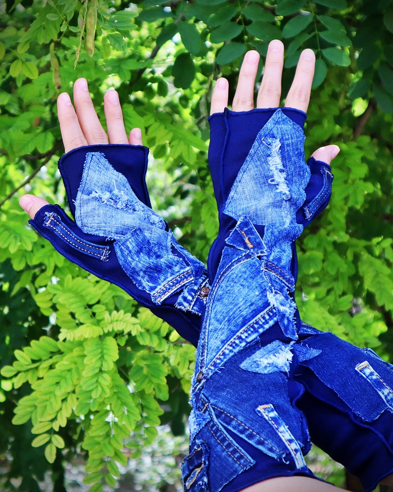 Denim Fingerless Gloves with Pathces Long Jean Arm Warmers Etsy