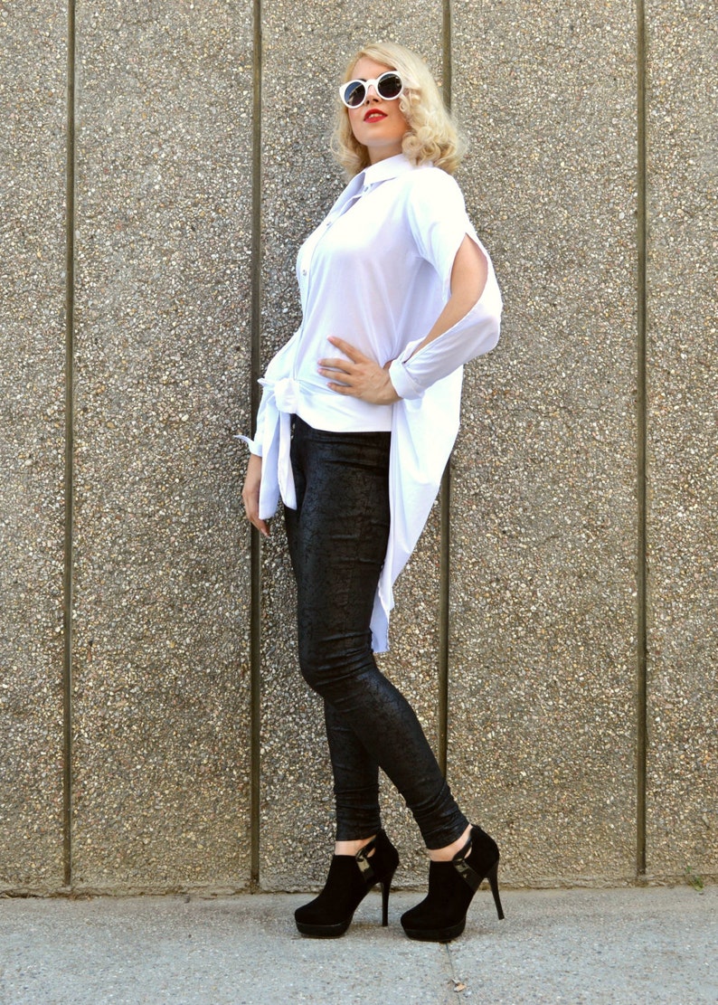 White Cotton Top with Cropped Sleeves Casual Work Women Shirt Beach Party Button Blouse Long Tail Office Top Loose Fit Collar Shirt TT62