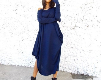 Long Loose Fitting Maxi Dress Plus Size Off Shoulder Kaftan Asymmetric Navy Tunic Women Dress with Thumbhole Sleeves Minimalist Dress TDK13