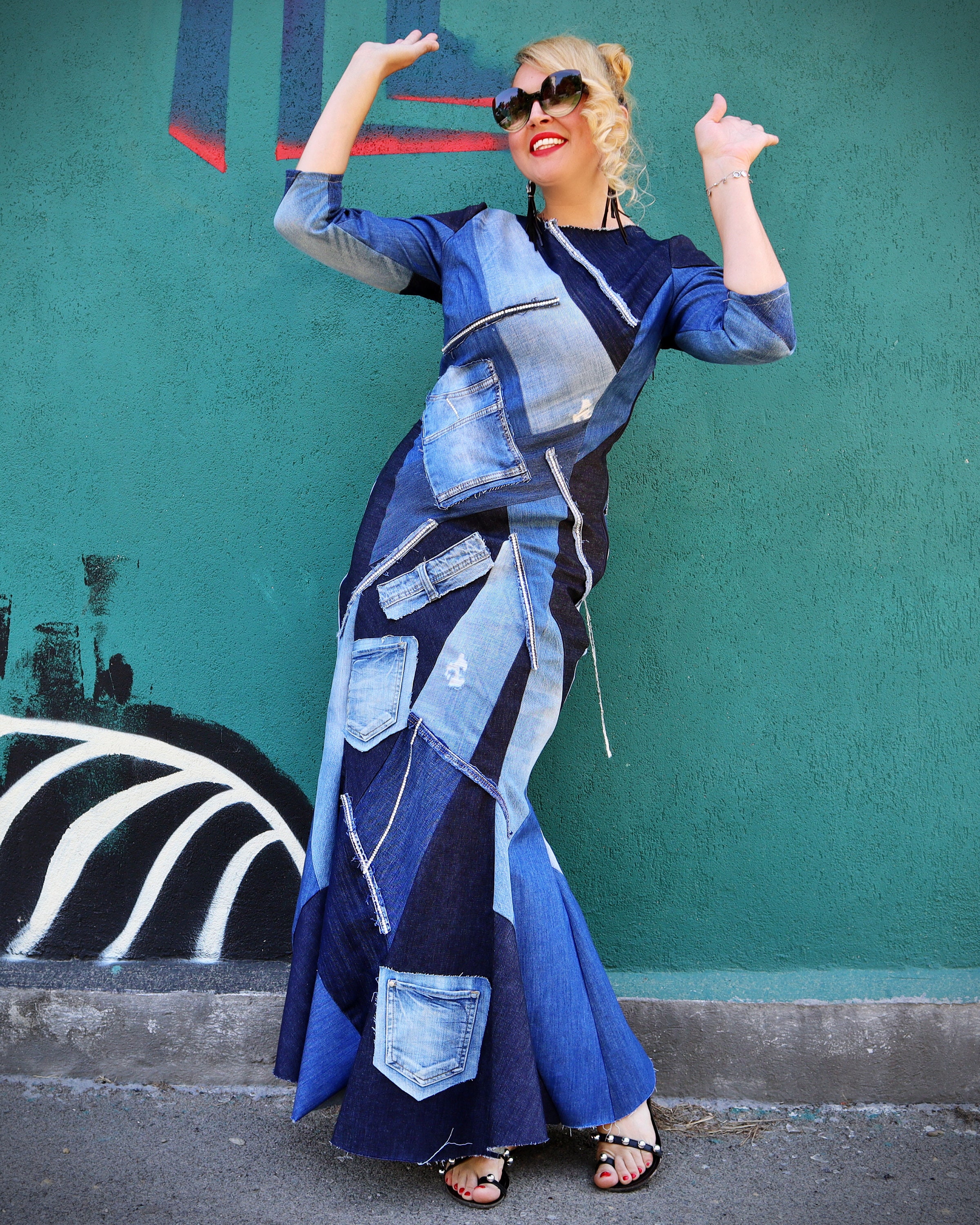 Mermaid Denim Dress With Patches, Patchwork Denim Maxi Dress Mermaid Denim Dress With Patches, Patchwork Denim Maxi Dress